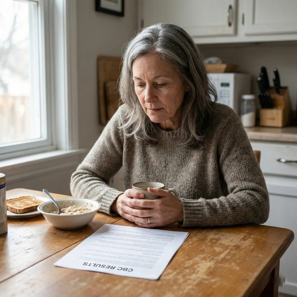Mujer preocupada revisando resultados de analítica