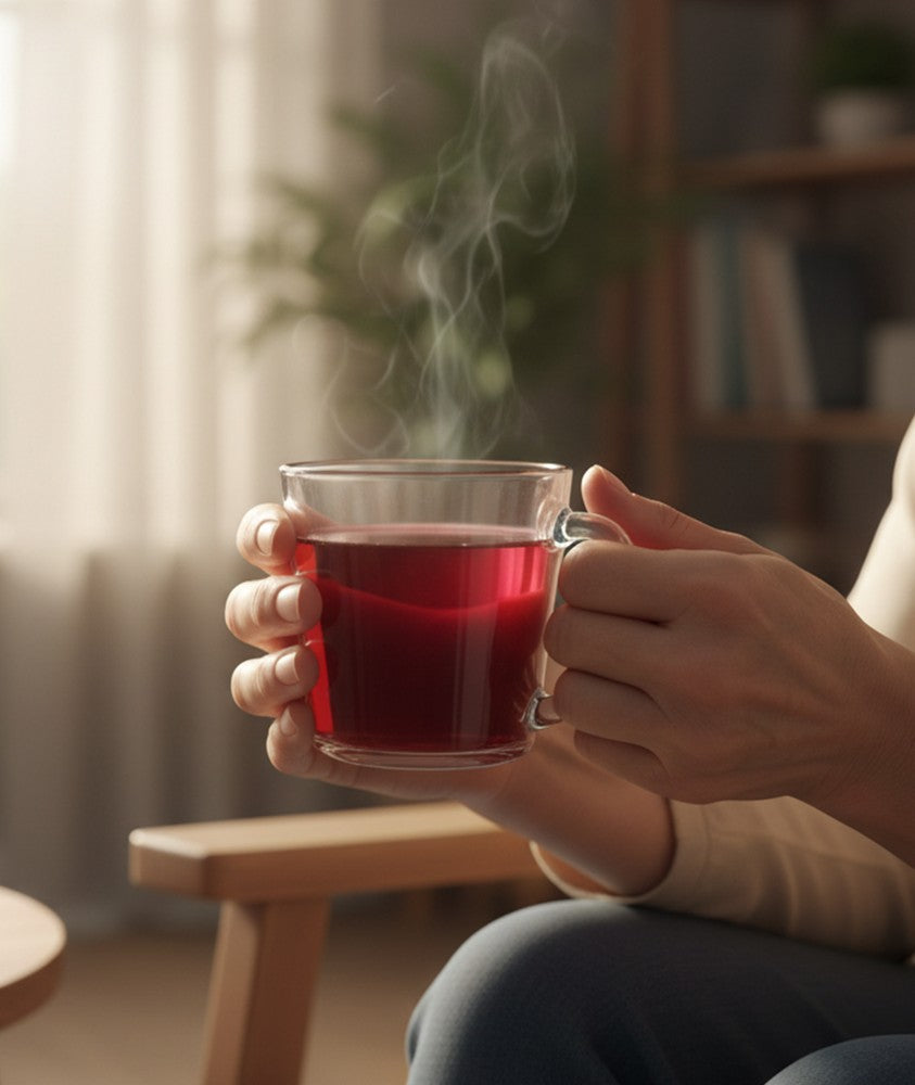 Mano sosteniendo una taza de té de hibisco caliente