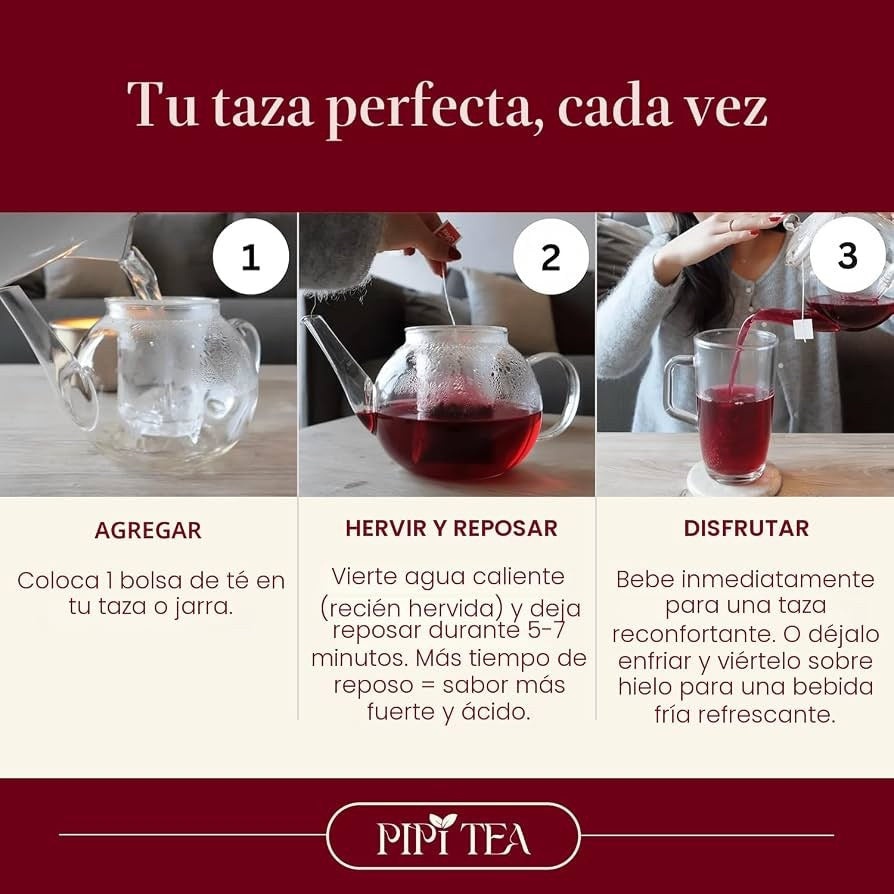 Cómo preparar tu té de hibisco PiPi Tea en 3 pasos: agregar, hervir y reposar, disfrutar